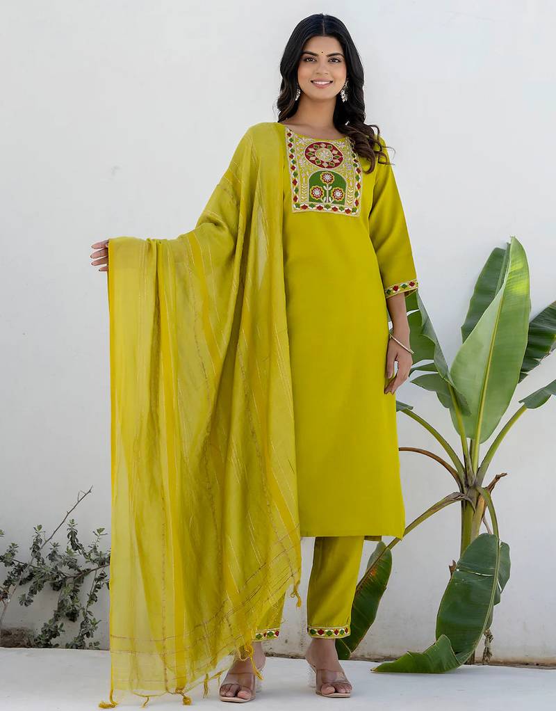 Floral embroidered cotton round neck kurta trosuer & dupatta set