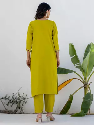 Floral embroidered cotton round neck kurta trosuer & dupatta set 2