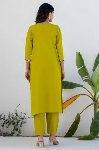 Floral embroidered cotton round neck kurta trosuer & dupatta set