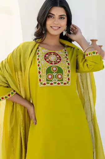 Floral embroidered cotton round neck kurta trosuer & dupatta set