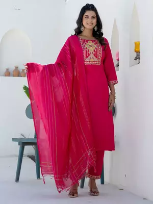 Floral embroidered cotton round neck kurta trosuer & dupatta set 1