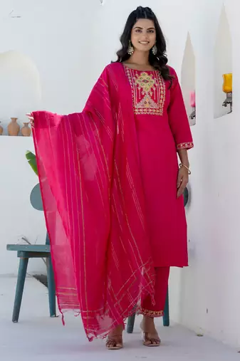 Floral embroidered cotton round neck kurta trosuer & dupatta set