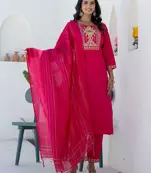 Floral embroidered cotton round neck kurta trosuer & dupatta set