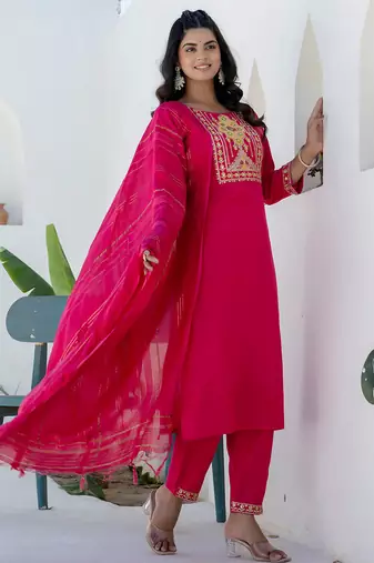 Floral embroidered cotton round neck kurta trosuer & dupatta set