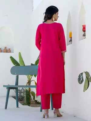 Floral embroidered cotton round neck kurta trosuer & dupatta set 3