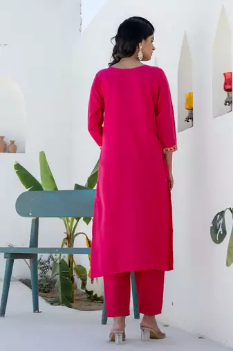 Floral embroidered cotton round neck kurta trosuer & dupatta set
