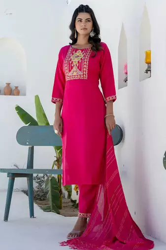 Floral embroidered cotton round neck kurta trosuer & dupatta set
