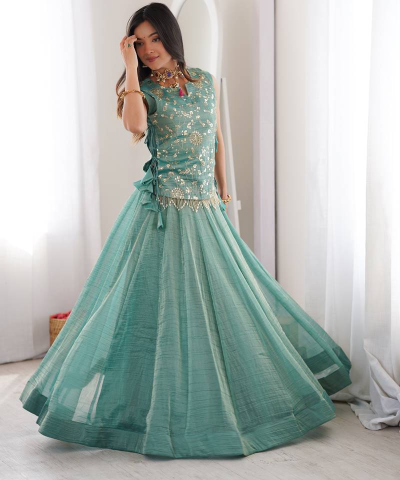 SKY BLUE Lehenga Choli with Embroidered Koti