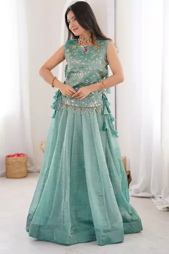 SKY BLUE COLOR Designer Salsa Crush Lehenga Choli with Embroidered Koti