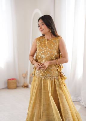 GOLD COLOR Designer Salsa Crush Lehenga Choli with Embroidered Koti 2