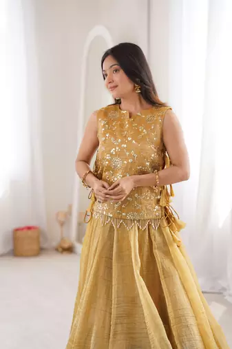 GOLD COLOR Designer Salsa Crush Lehenga Choli with Embroidered Koti