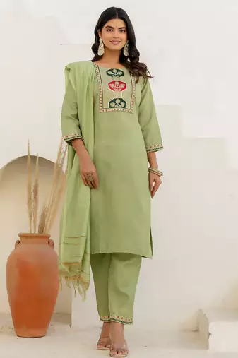Floral embroidered cotton round neck kurta trosuer & dupatta set