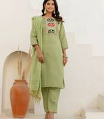 Floral embroidered cotton round neck kurta trosuer & dupatta set