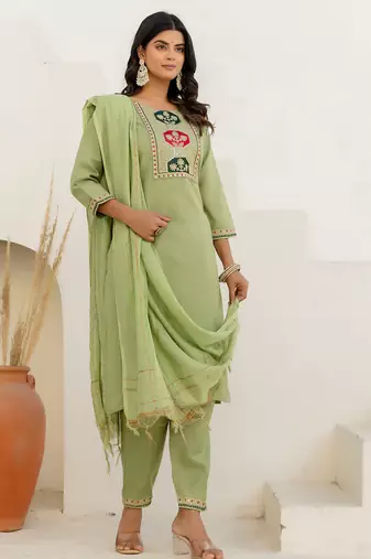 Floral embroidered cotton round neck kurta trosuer & dupatta set