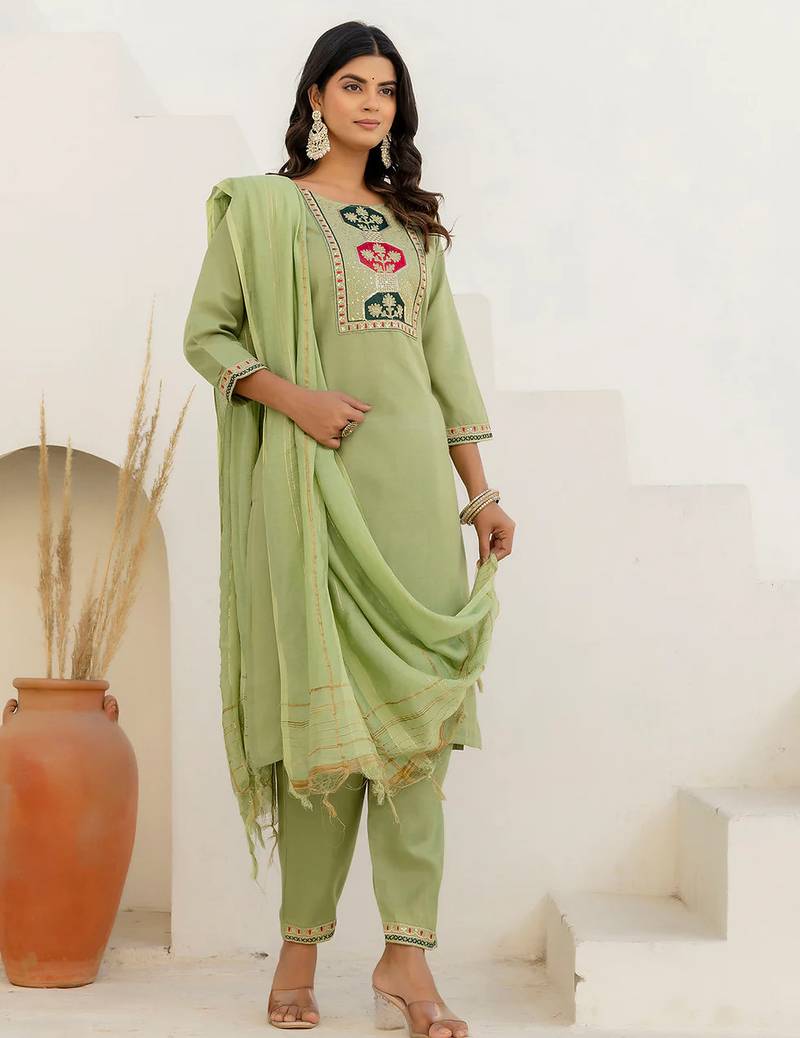Floral embroidered cotton round neck kurta trosuer & dupatta set