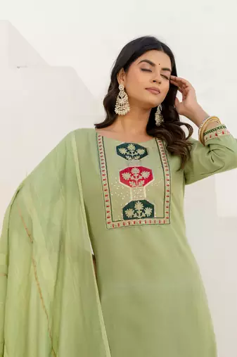 Floral embroidered cotton round neck kurta trosuer & dupatta set