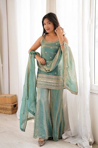 Sky blue color fendy silk dori zari sequeince embroidered anarkali set full stitched.
