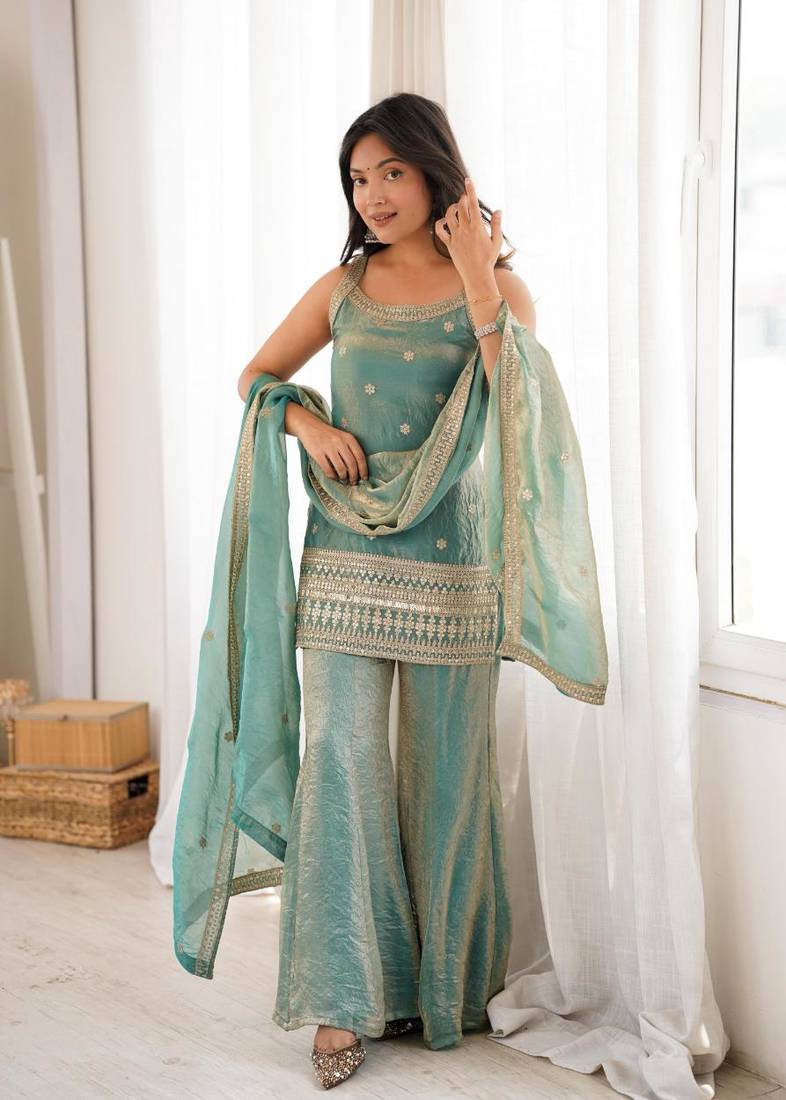 Sky blue color fendy silk dori zari sequeince embroidered anarkali set full stitched.