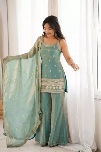 Sky blue color fendy silk dori zari sequeince embroidered anarkali set full stitched.