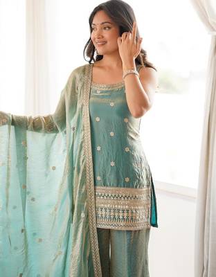 Sky blue fendy silk dori zari sequeince embroidered anarkali set full stitched 3
