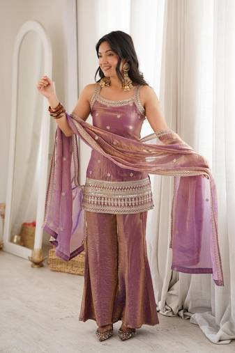 Dusty pink color fendy silk dori zari sequeince embroidered anarkali set full stitched.