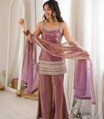 Dusty pink color fendy silk dori zari sequeince embroidered anarkali set full stitched.