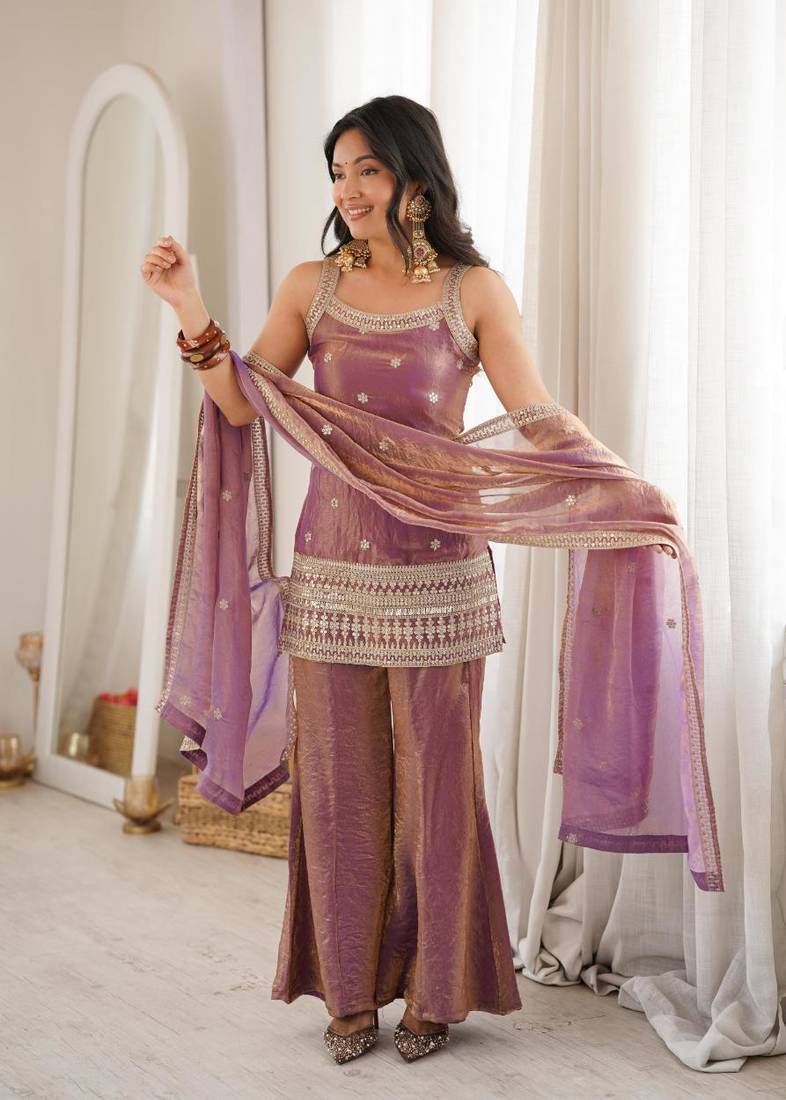Dusty pink color fendy silk dori zari sequeince embroidered anarkali set full stitched.