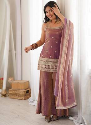 Dusty pink color fendy silk dori zari sequeince embroidered anarkali set full stitched 2