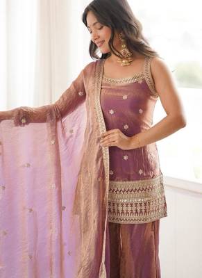 Dusty pink color fendy silk dori zari sequeince embroidered anarkali set full stitched 3