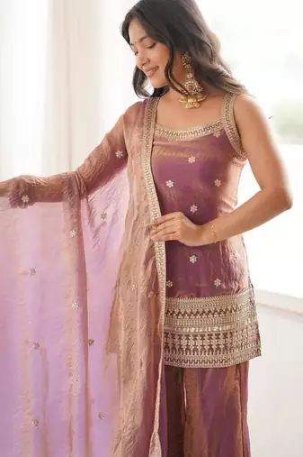 Dusty pink color fendy silk dori zari sequeince embroidered anarkali set full stitched.