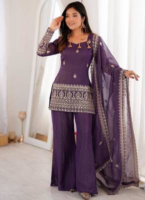 Purple crunchy silk zari sequince embroidered work anarkali set full stitched 1