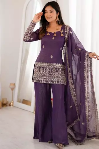 Purple color crunchy silk zari sequince embroidered work anarkali set full stitched.
