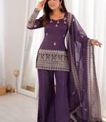 Purple color crunchy silk zari sequince embroidered work anarkali set full stitched.