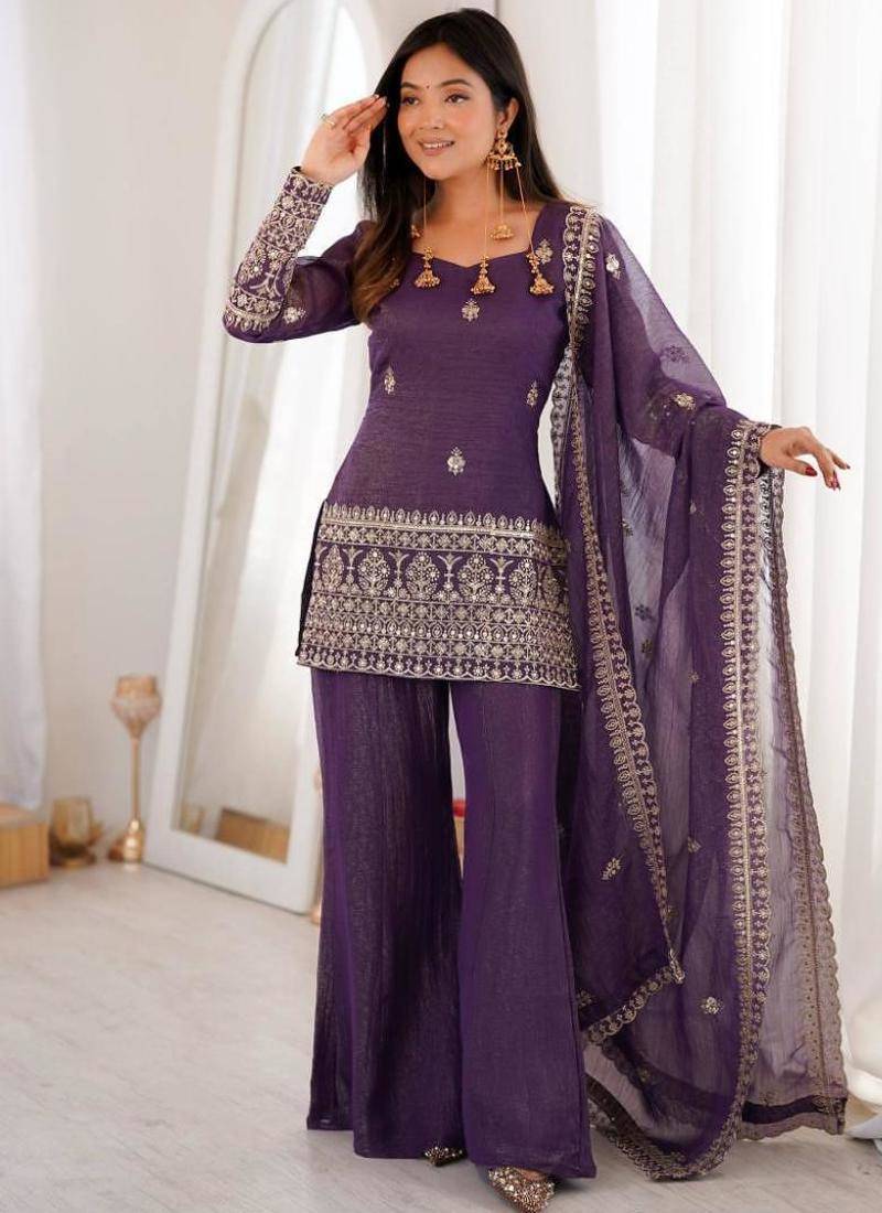 Purple color crunchy silk zari sequince embroidered work anarkali set full stitched.