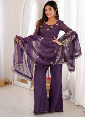 Purple crunchy silk zari sequince embroidered work anarkali set full stitched 2