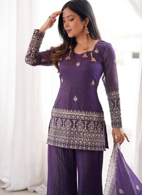 Purple crunchy silk zari sequince embroidered work anarkali set full stitched 3