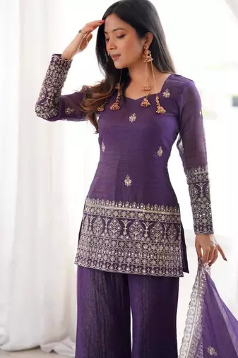 Purple color crunchy silk zari sequince embroidered work anarkali set full stitched.