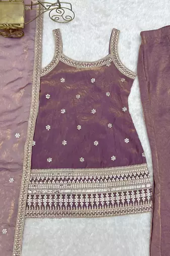 Dusty pink color fendy silk dori zari sequeince embroidered anarkali set full stitched.