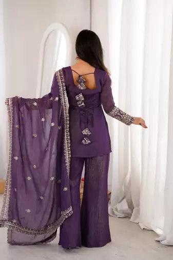 Purple color crunchy silk zari sequince embroidered work anarkali set full stitched.