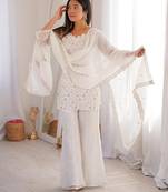 White color crunchy silk zari sequince embroidered work anarkali set full stitched.