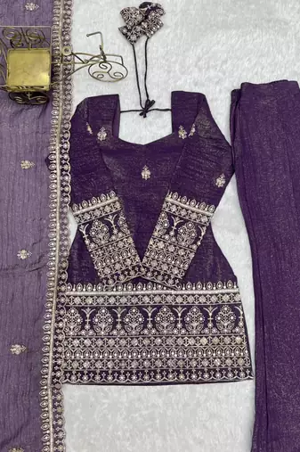 Purple color crunchy silk zari sequince embroidered work anarkali set full stitched.