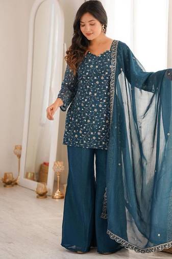 Rama color crunchy silk zari sequince embroidered work anarkali set full stitched.