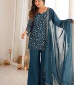 Rama color crunchy silk zari sequince embroidered work anarkali set full stitched.