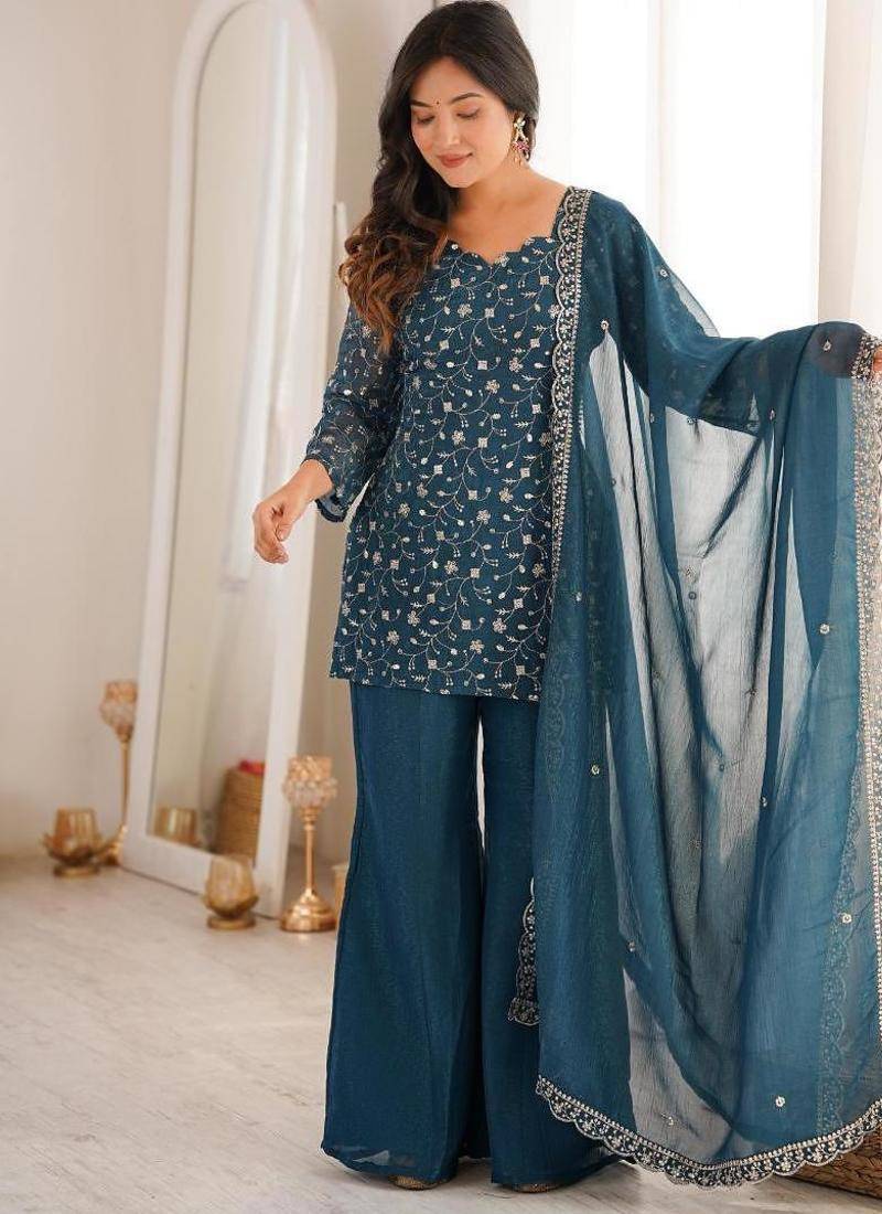 Rama color crunchy silk zari sequince embroidered work anarkali set full stitched.