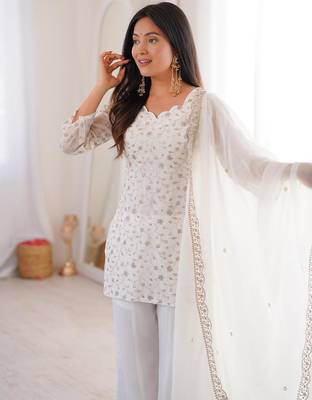 White crunchy silk zari sequince embroidered work anarkali set full stitched 3
