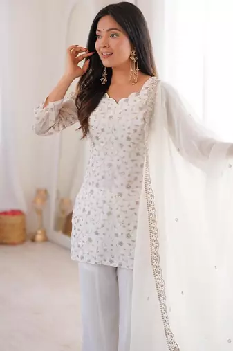 White color crunchy silk zari sequince embroidered work anarkali set full stitched.