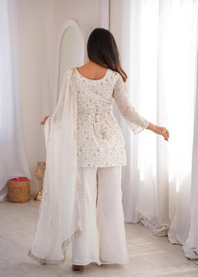 White crunchy silk zari sequince embroidered work anarkali set full stitched 4