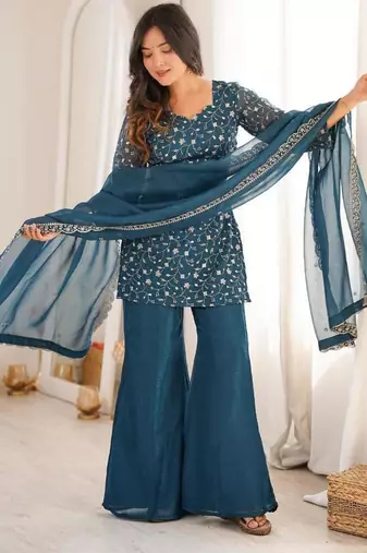 Rama color crunchy silk zari sequince embroidered work anarkali set full stitched.