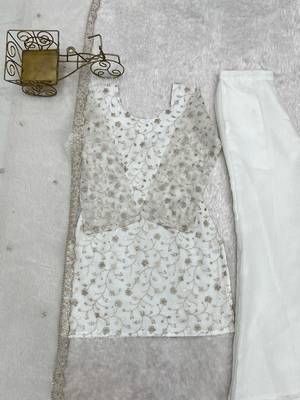 White crunchy silk zari sequince embroidered work anarkali set full stitched 5