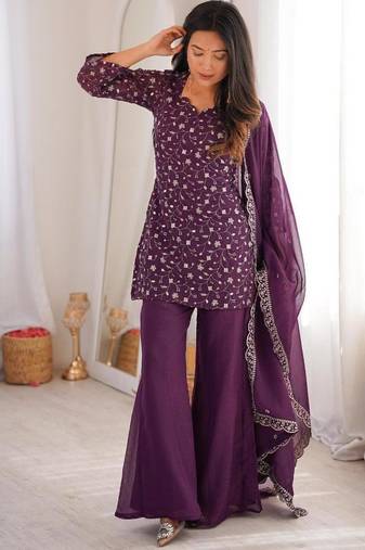 Wine color crunchy silk zari sequince embroidered work anarkali set full stitched.